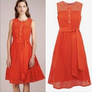 J CREW Poppy Cotton Eyelet belted Midi Dress Sleeveless Tiered Ruffle Hem Sz 10